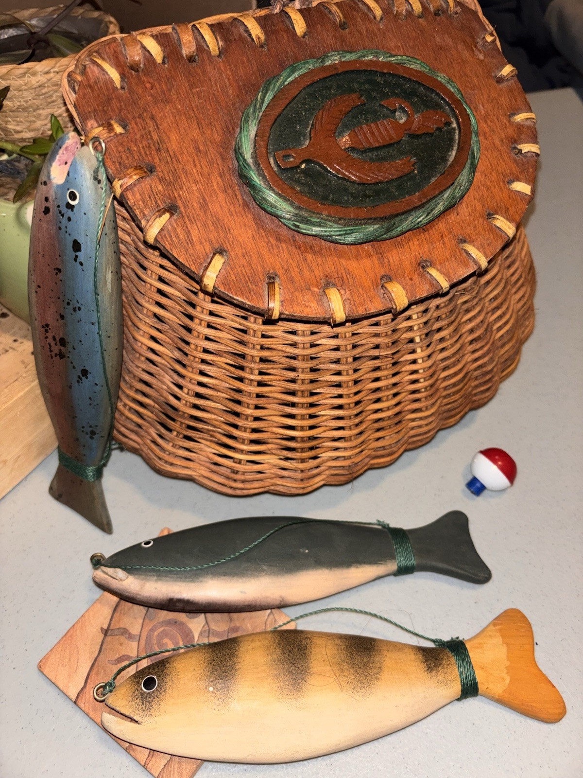 Vintage Hand Carved Wooden Fish & Wicker Fishing Creel Folk Art Cabin Farmhouse