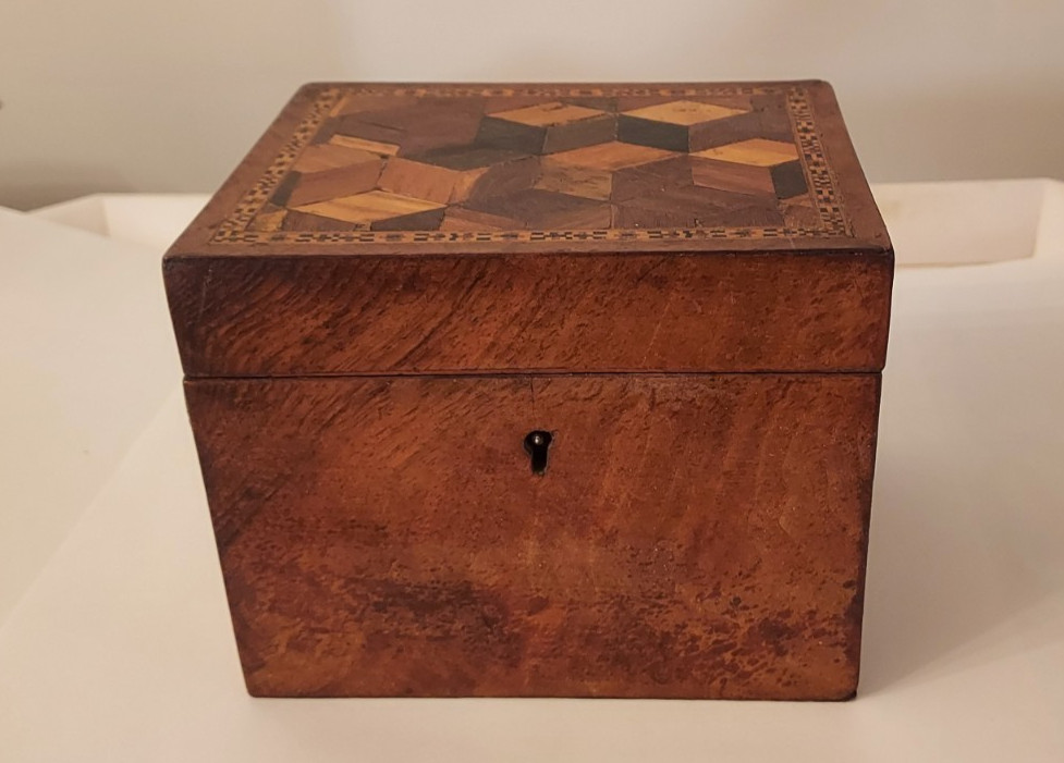 19th C Antique Parquetry Inlaid English Turnbridge Tea Caddy Box w/Key