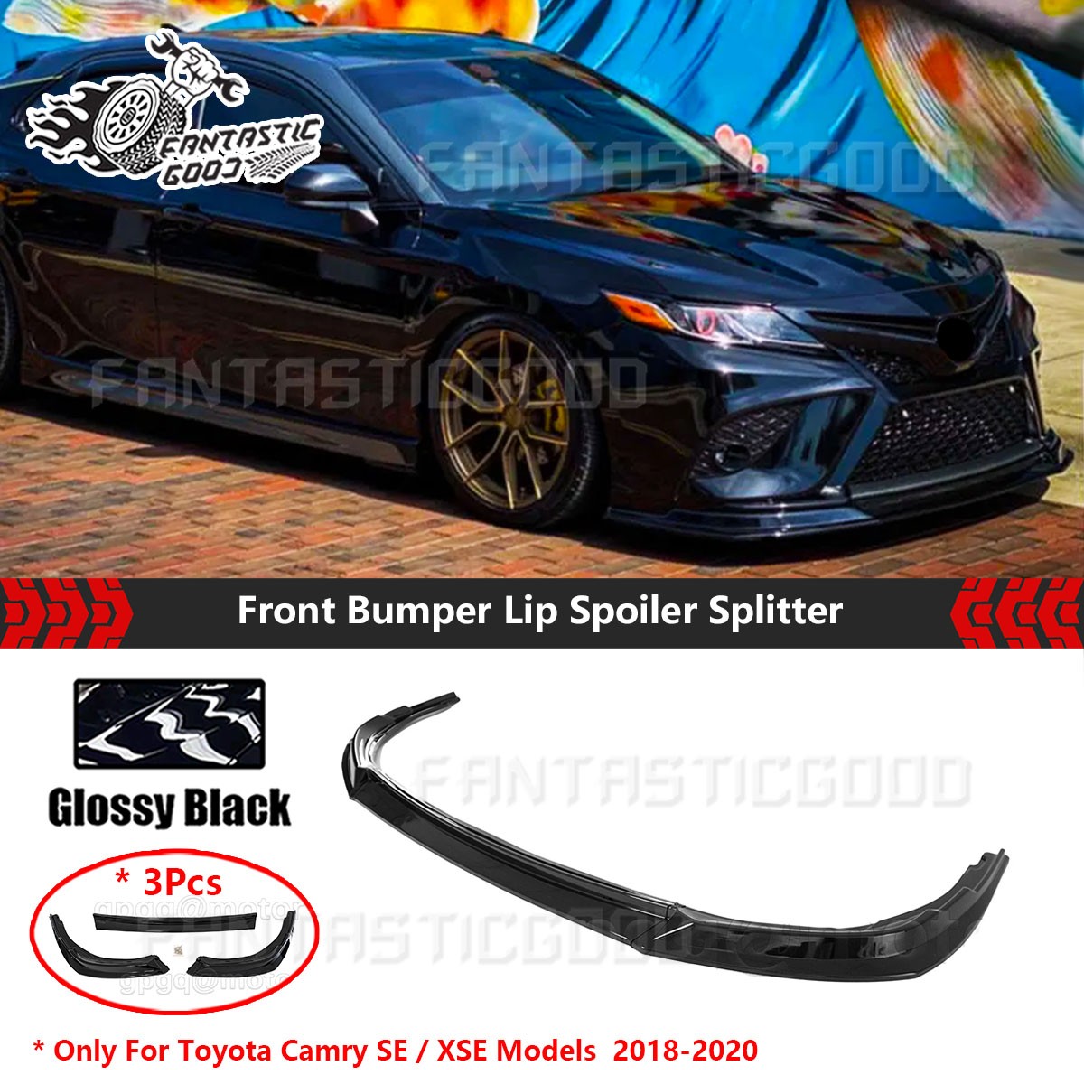 For Toyota Camry SE XSE 2018-2020 Glossy Black GR Style Front Bumper Lip Spoiler