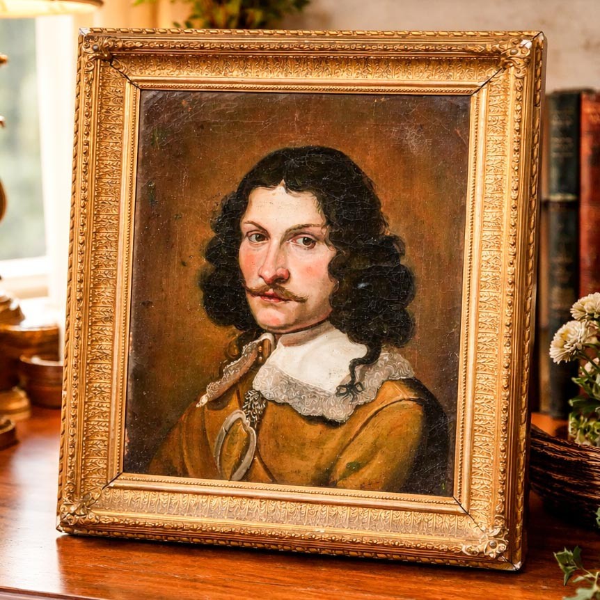 Opulent English Portrait of 18th Century Man Antique Oil Painting Gold Frame