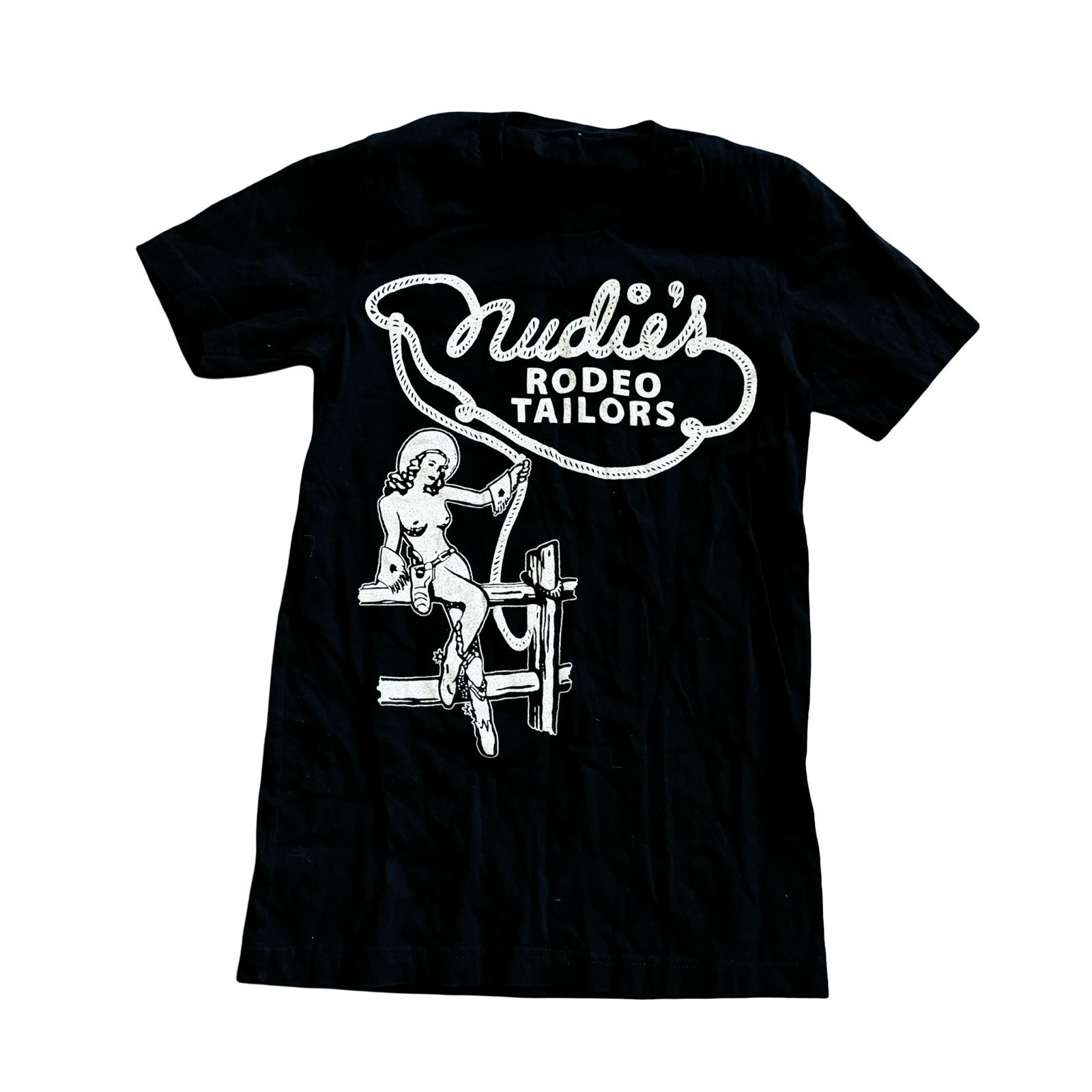 Nudies Rodeo Tailors Naked T-shirt black size Small Cowgirl Western Chainstitch