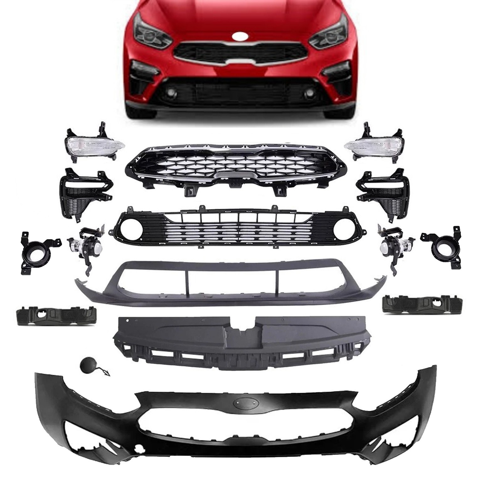 Complete Front Bumper Grille Set w/ Fog Lights For 2019 2020 2021 Kia Forte
