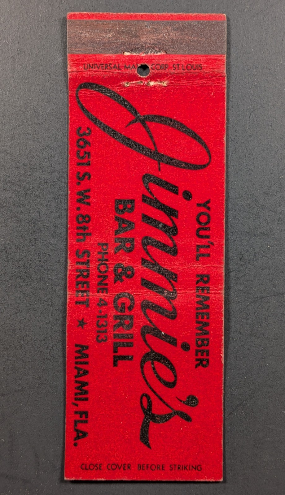 Vintage Jimmie\'s Bar and Grill Miami Florida Matchbook Cover