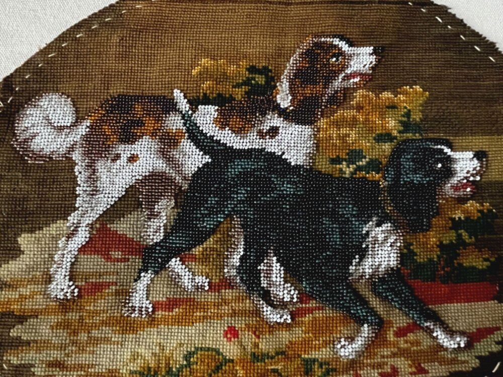 Antique Victorian Beadwork Spaniel Dogs Berlin Work Needlepoint Panel