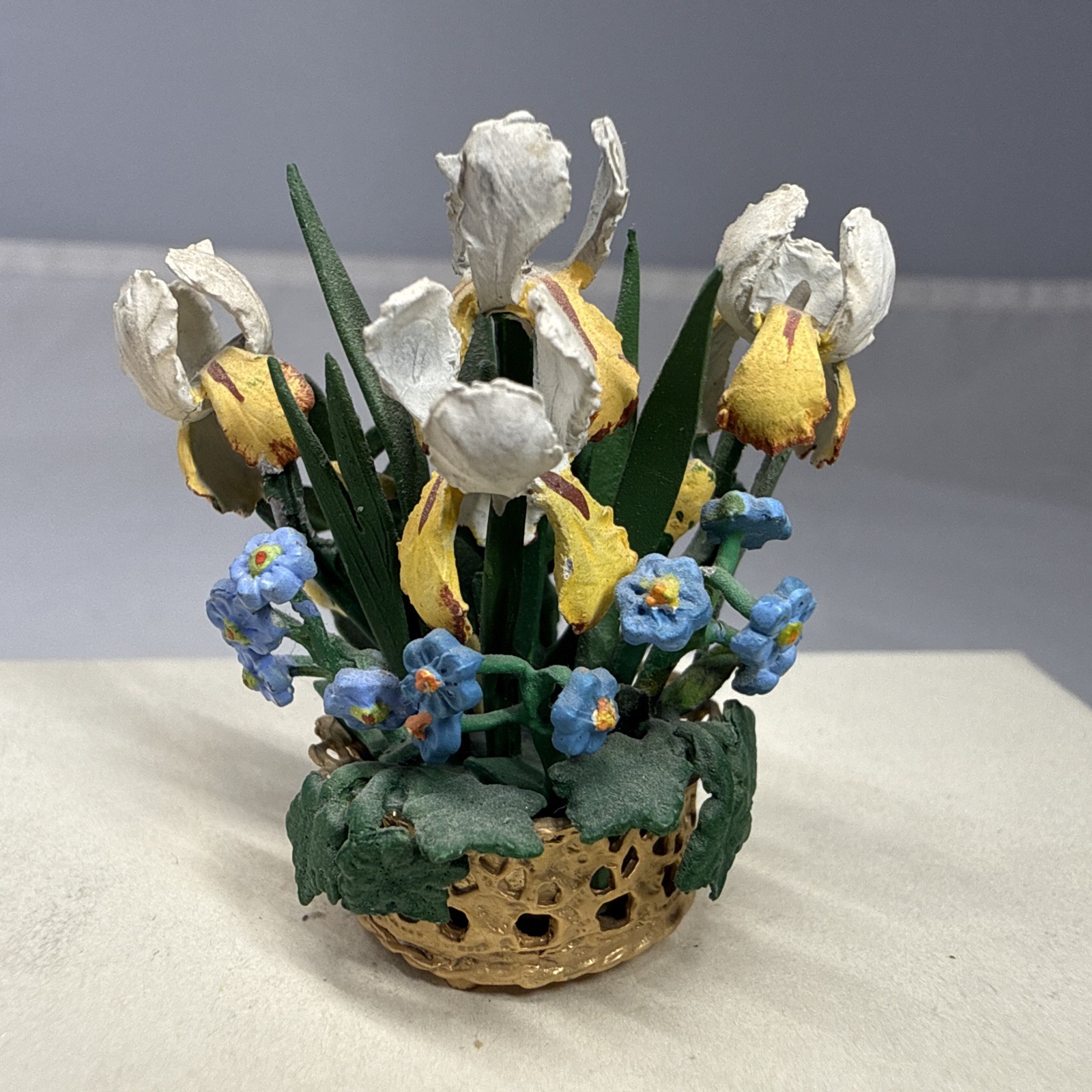 Vintage Dollhouse Miniature Iris Flower Arrangement Gold Basket 1:12 Scale