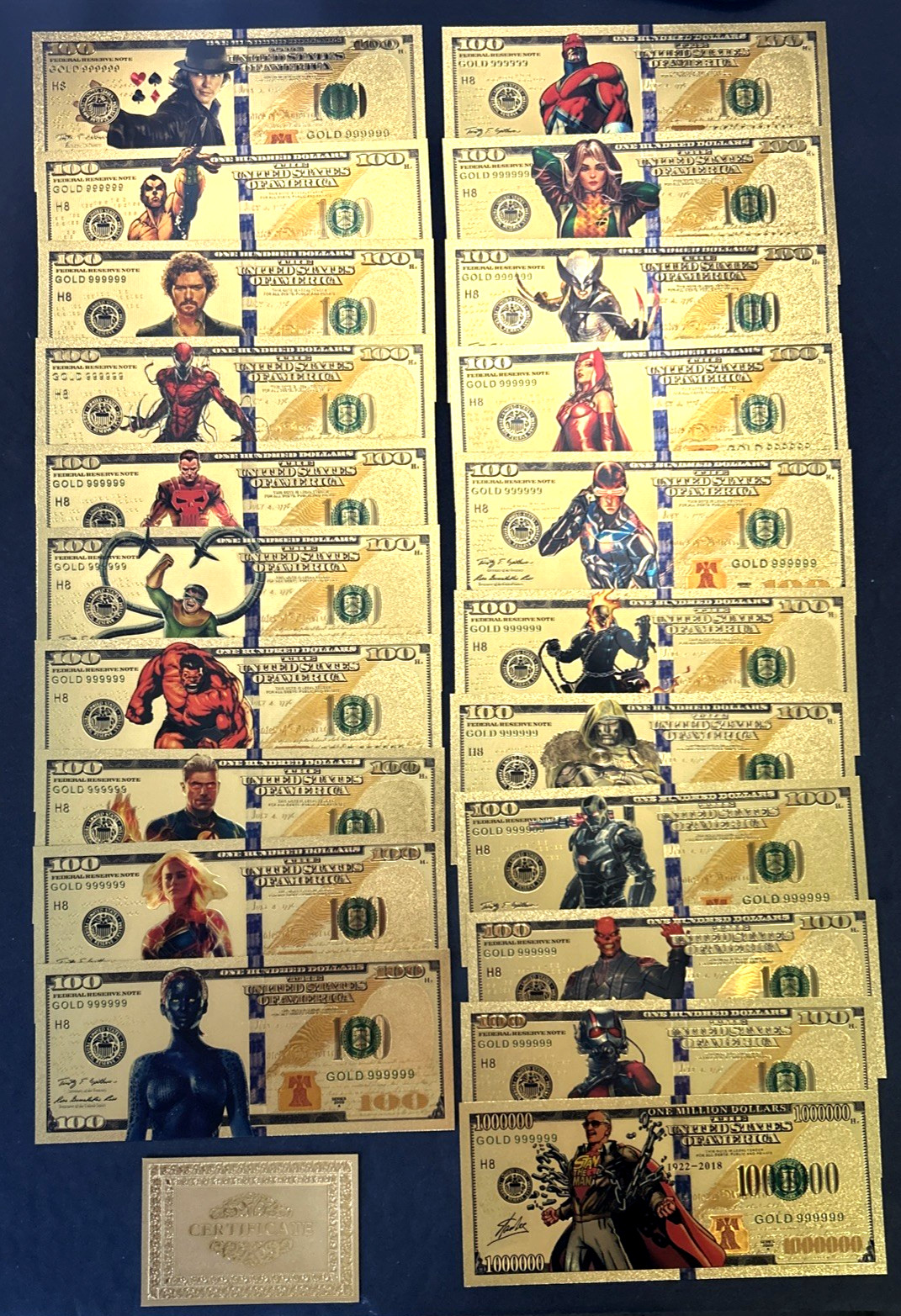 21pc Avengers MARVEL Universe $100 Dollars 24K Gold Foil Banknote Set Art CoA