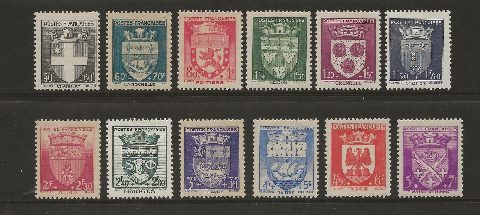 1942 France Arms Series Semi-Postal Set - Scott B135-146 Mint w/VF Centering