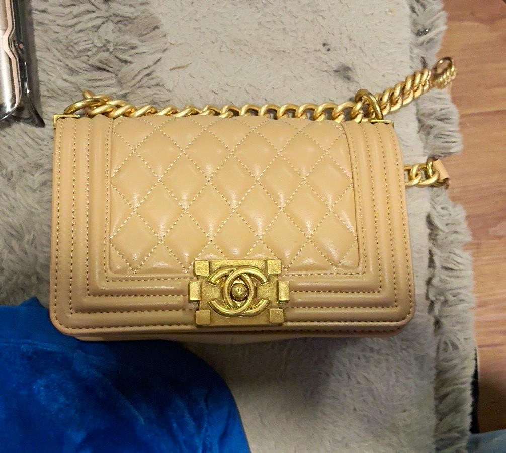 CHANEL Boy Beige Quilted Shoulder Bag Gold Chain Strap Turn Lock Closure
