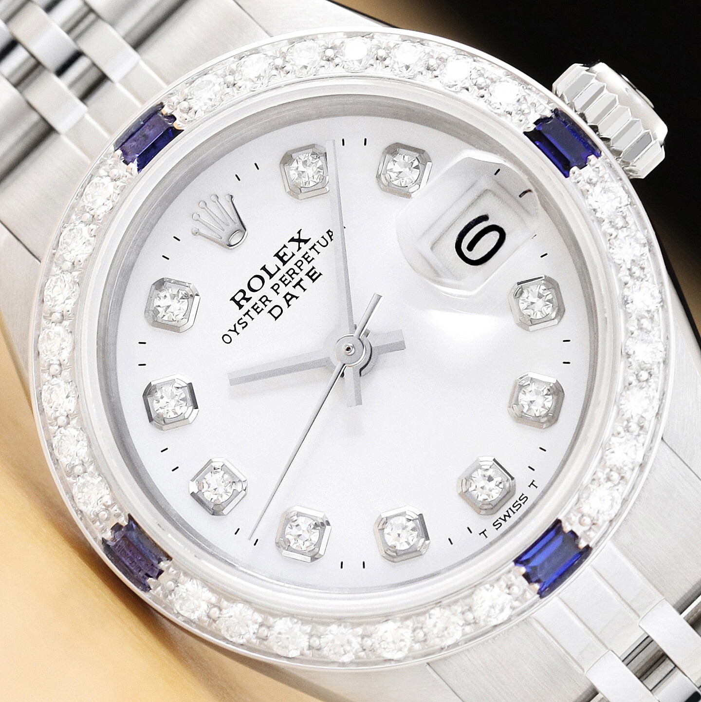 LADIES ROLEX DATE 6917 18K WHITE GOLD DIAMOND SAPPHIRE STEEL WHITE DIAL WATCH