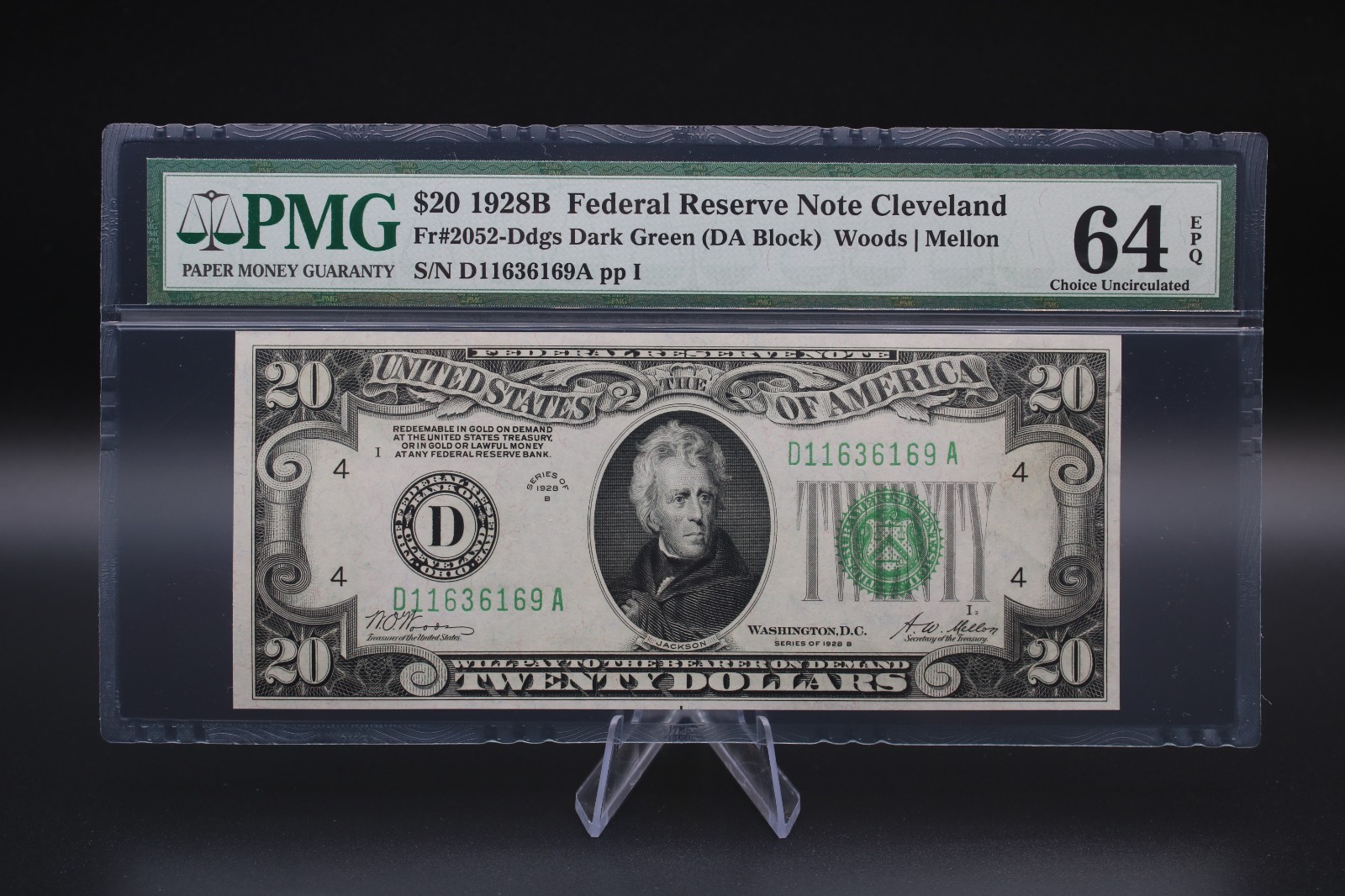 1928B $20 Federal Reserve Note Cleveland FR#2052 Ddgs Dark Green PMG 64 EPQ