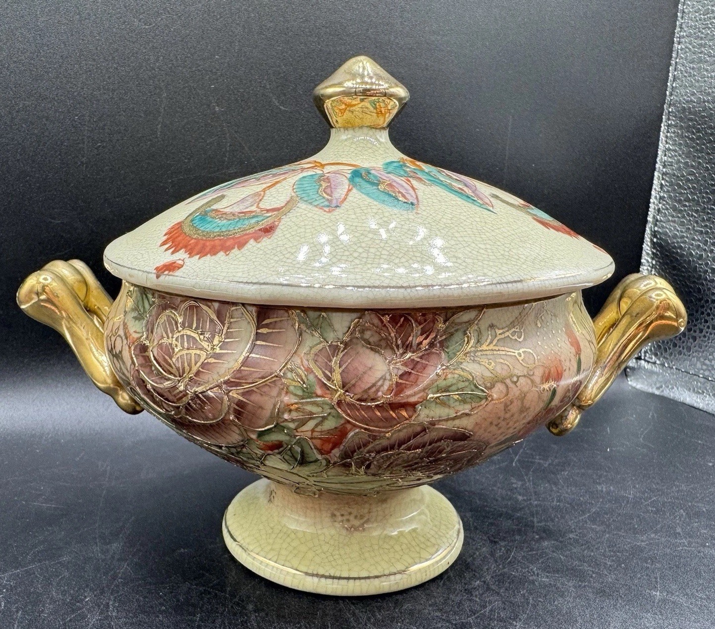 Vtg Royal Moriage Satsuma Floral Compote Tureen Dish w/Lid Gold Handles Japan 8”