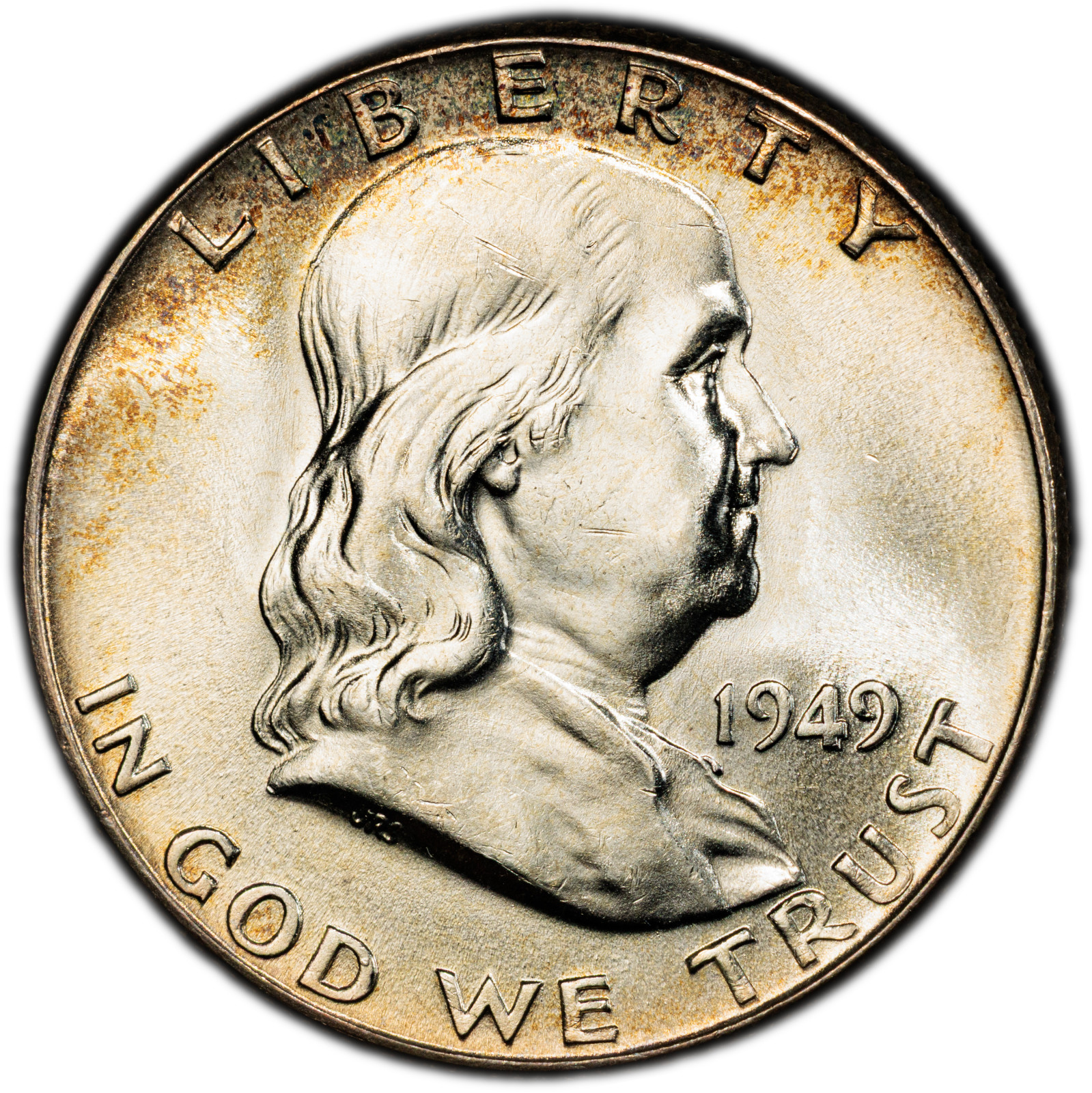 1949-P PCGS MS64 FBL Franklin Half | Pretty Colorful Rim Toning | Superb Luster