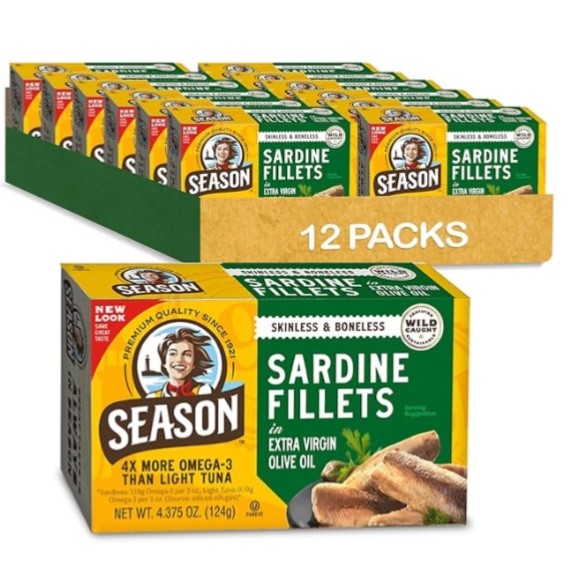 12x Season Wild Caught Sardines Boneless Skinless in 100% Pure Olive Oil 4.38oz 12x Season Wild Caught Sardines Boneless Skinless in 100% Pure Olive Oil 4.38oz