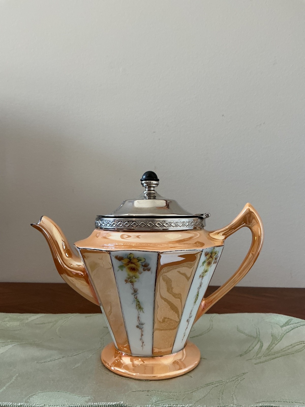 Royal Rochester vintage peach lustreware teapot with a metal lid and floral pane