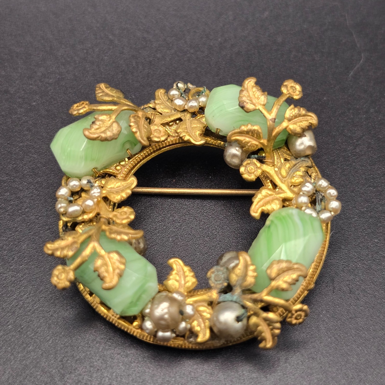 Rare Vintage JOSEF MORTON Signed Russian Gold Wreath Brooch Green Glass Pearls Rare Vintage JOSEF MORTON Signed Russian Gold Wreath Brooch Green Glass Pearls
