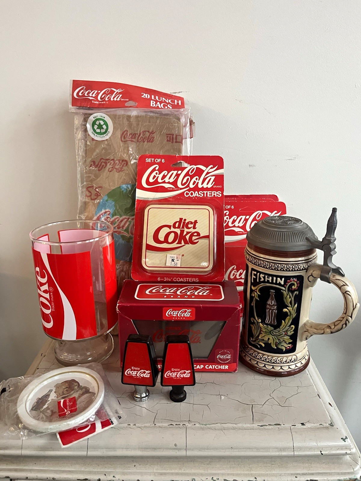 Vintage Coca-Cola Original Unused Bar LOT Coasters Out Fishing Stein Soda Pulls