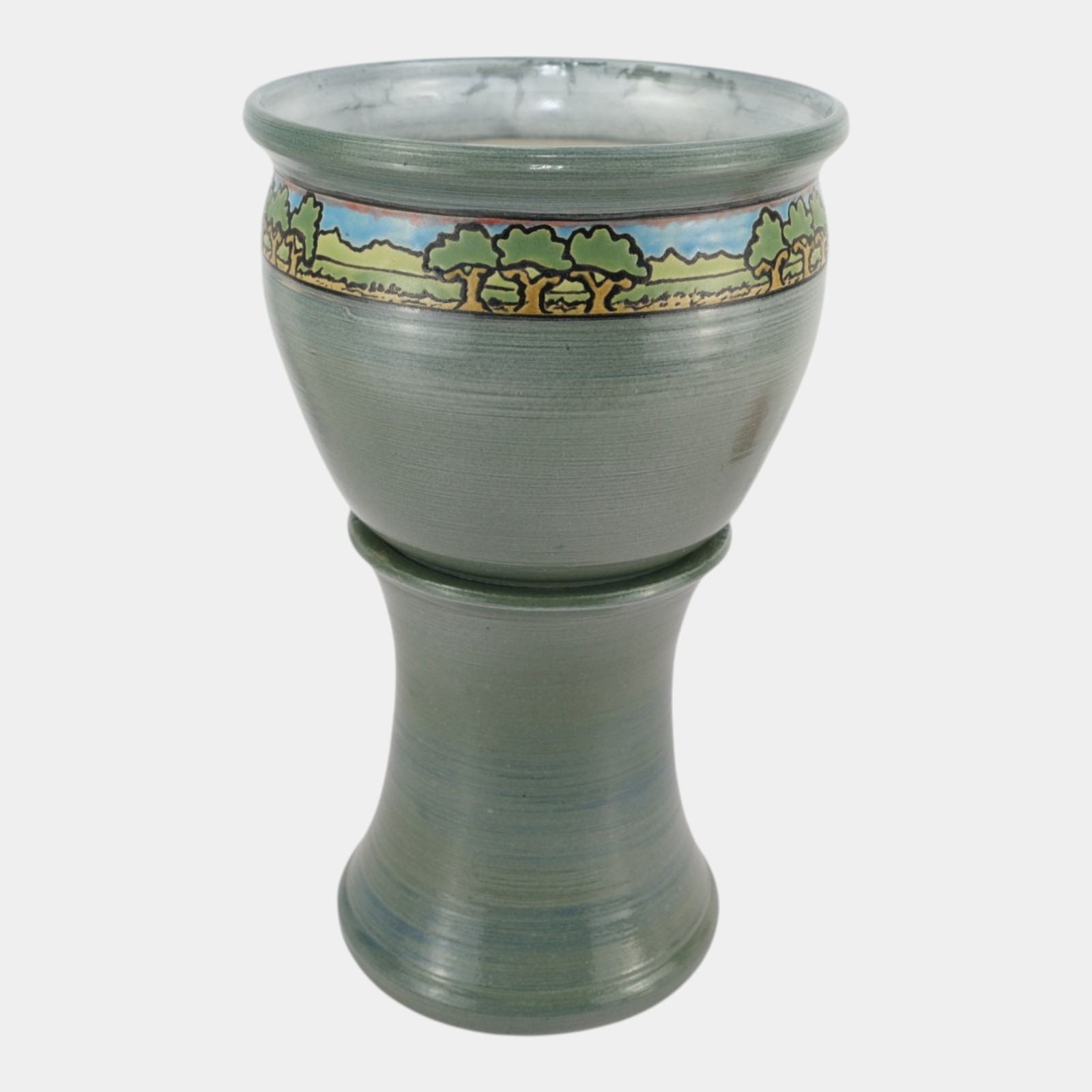 Door Studio Art Pottery Gray SEG Style Scenic Trees Band Jardiniere And Pedestal