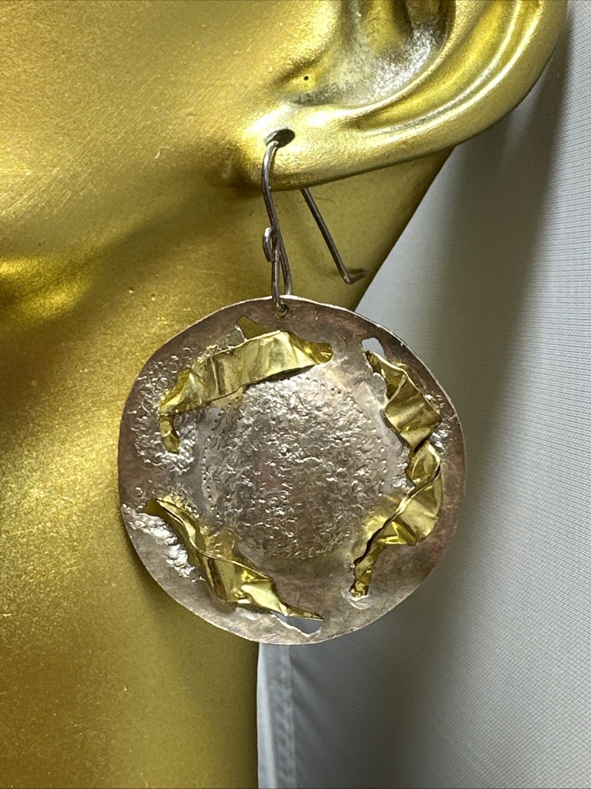 Artisan Made Silver And Gold Toned Pierced Dangle Earrings Brutalist Artisan Made Silver And Gold Toned Pierced Dangle Earrings Brutalist