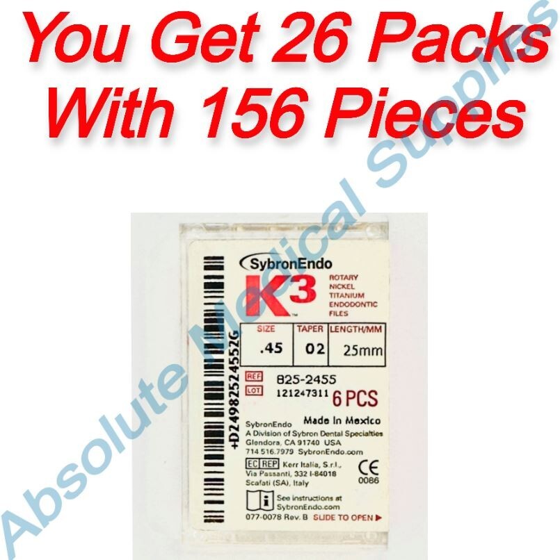 *156-Pieces* Kerr SybronEndo K3 Files Taper-02 Size-0.45 Length 25mm 825-2455 *156-Pieces* Kerr SybronEndo K3 Files Taper-02 Size-0.45 Length 25mm 825-2455