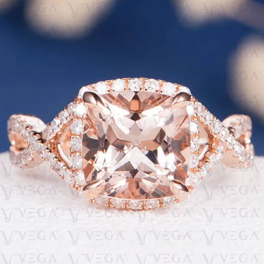 5.70Ct Cushion Cut Natural Morganite & Diamond 100% 14k SOLID Rose Gold Ring