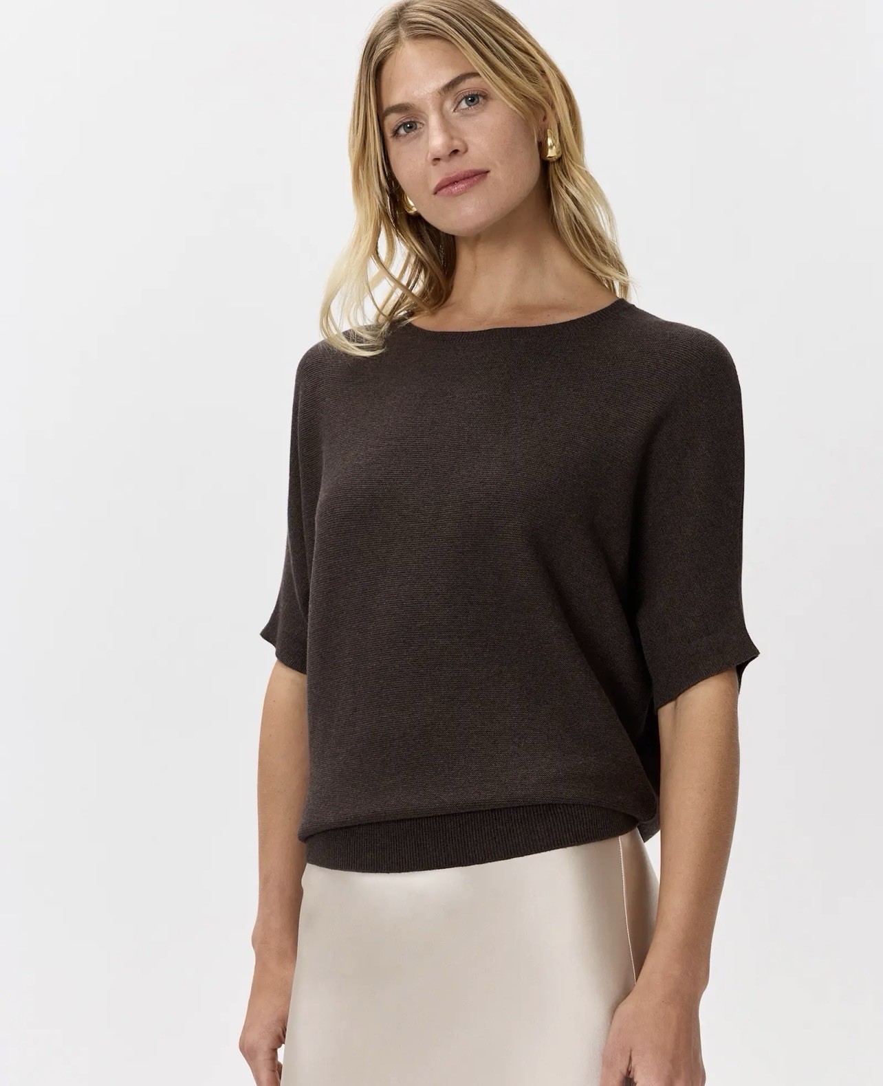 Quince Lightweight Cotton Cashmere Link-stitch Dolman Sweater Mocha Heather XL Quince Lightweight Cotton Cashmere Link-stitch Dolman Sweater Mocha Heather XL