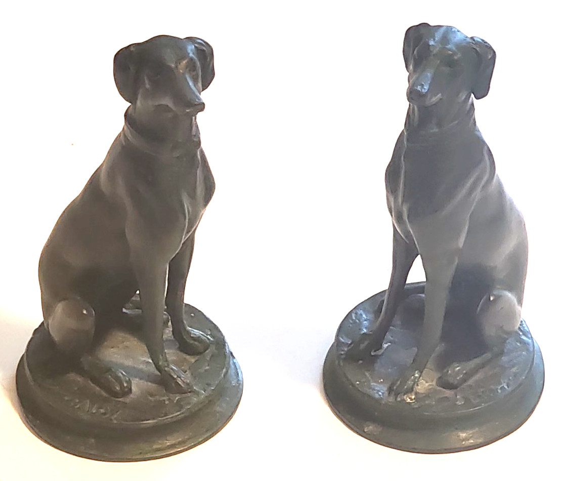 PAIR of ANTIQUE BRONZE SITTING DOGS SCULPTURES SIGNED BARYE 6 1/4\