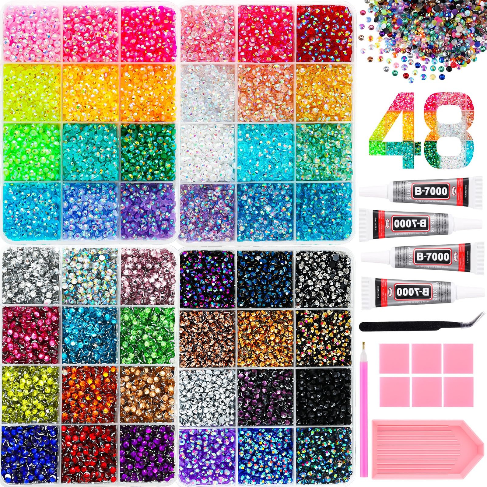 UWETIME 32000Pcs Resin 3mm, Set 1 - 4 Boxes Rhinestones with 4 Pcs Glue