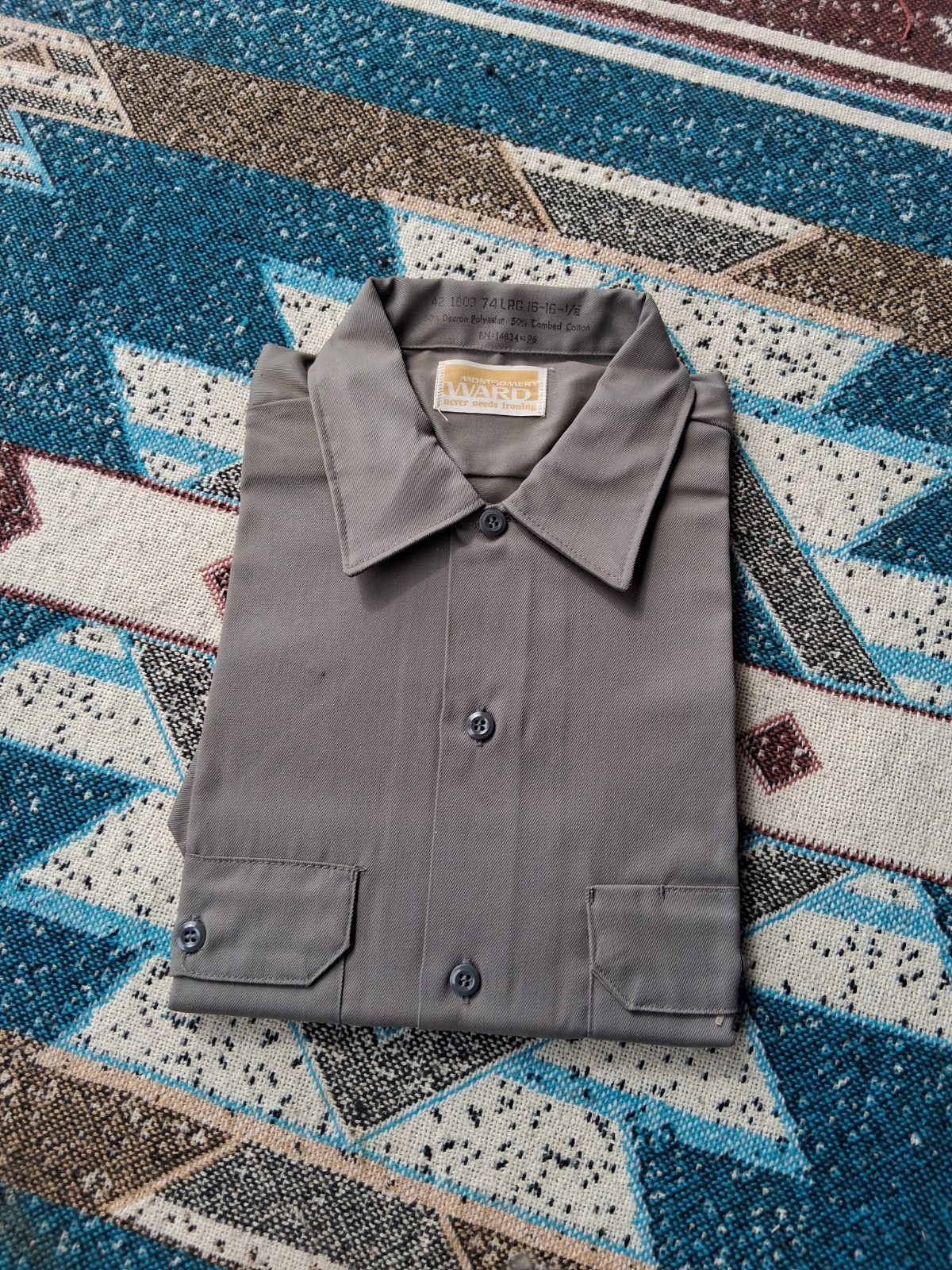 70s Montgomery Ward Work Shirt Deadstock Large Grey Cotton Twill