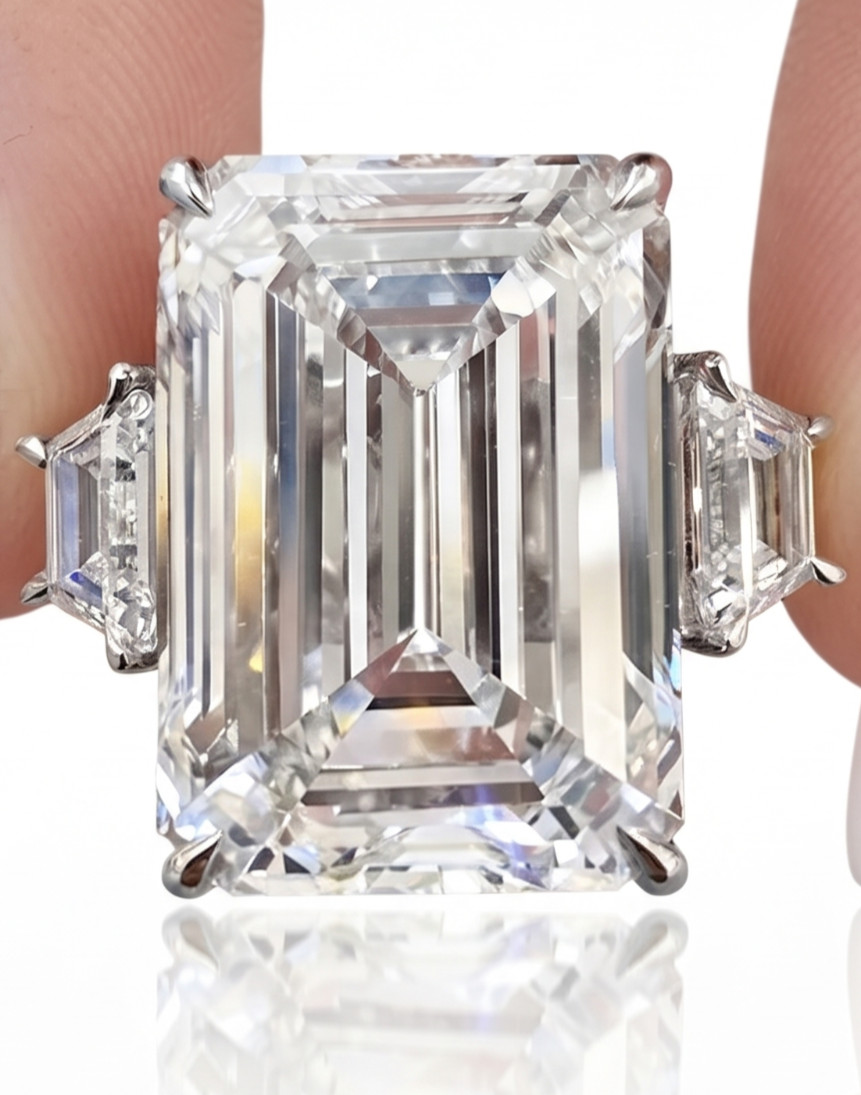 RARE 11.80 Ct Certified Emerald Cut White Diamond Solitaire Ring- FREE Studs