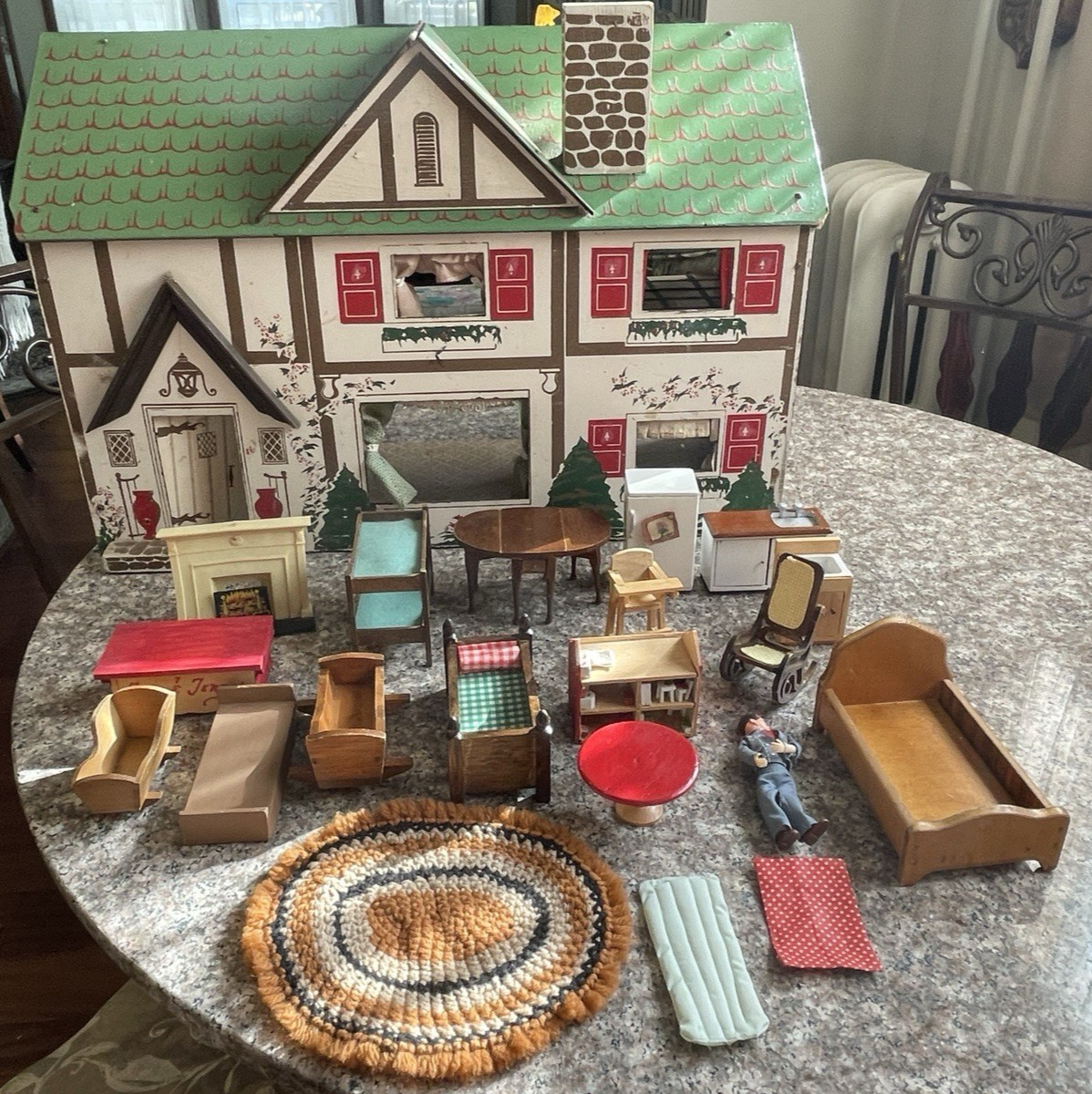 Vintage Rich Tudor Masonite Dollhouse 1940\'s with Doll & Furniture *NOTE