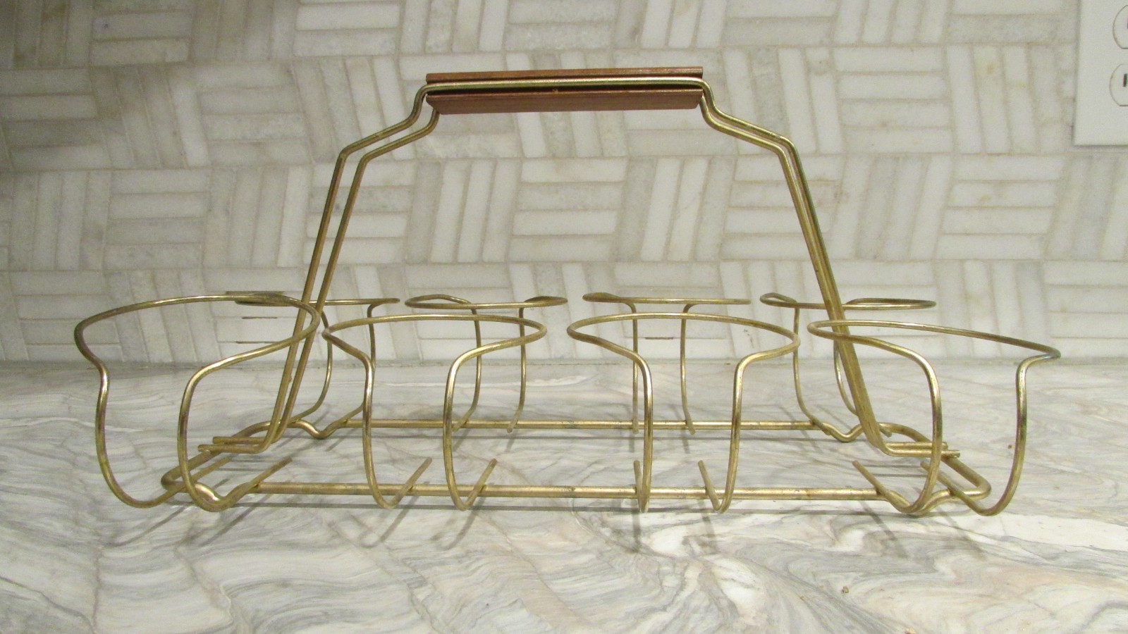 Vintage Mcm Mid Century Modern Wood Brass Tone Metal Atomic Glass Carrier Caddy Vintage Mcm Mid Century Modern Wood Brass Tone Metal Atomic Glass Carrier Caddy