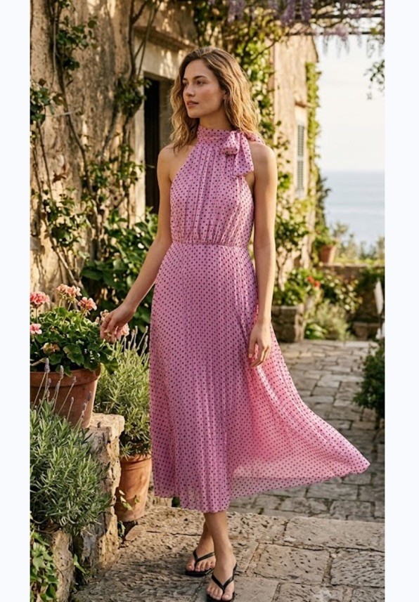 ZARA NWT WOMAN POLKA DOT BOW MIDI DRESS PINK / LILAC | 4387/108