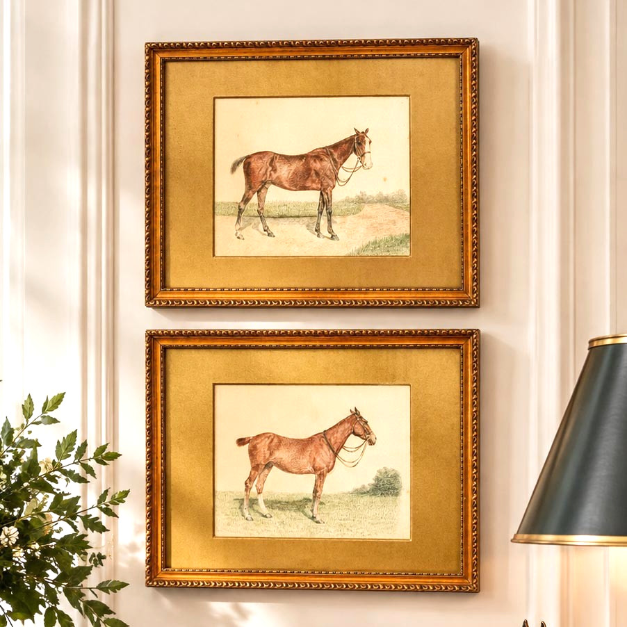 Pair Antique English Horse Portraits Silk Hand Painted Equestrian Sporting Art Pair Antique English Horse Portraits Silk Hand Painted Equestrian Sporting Art
