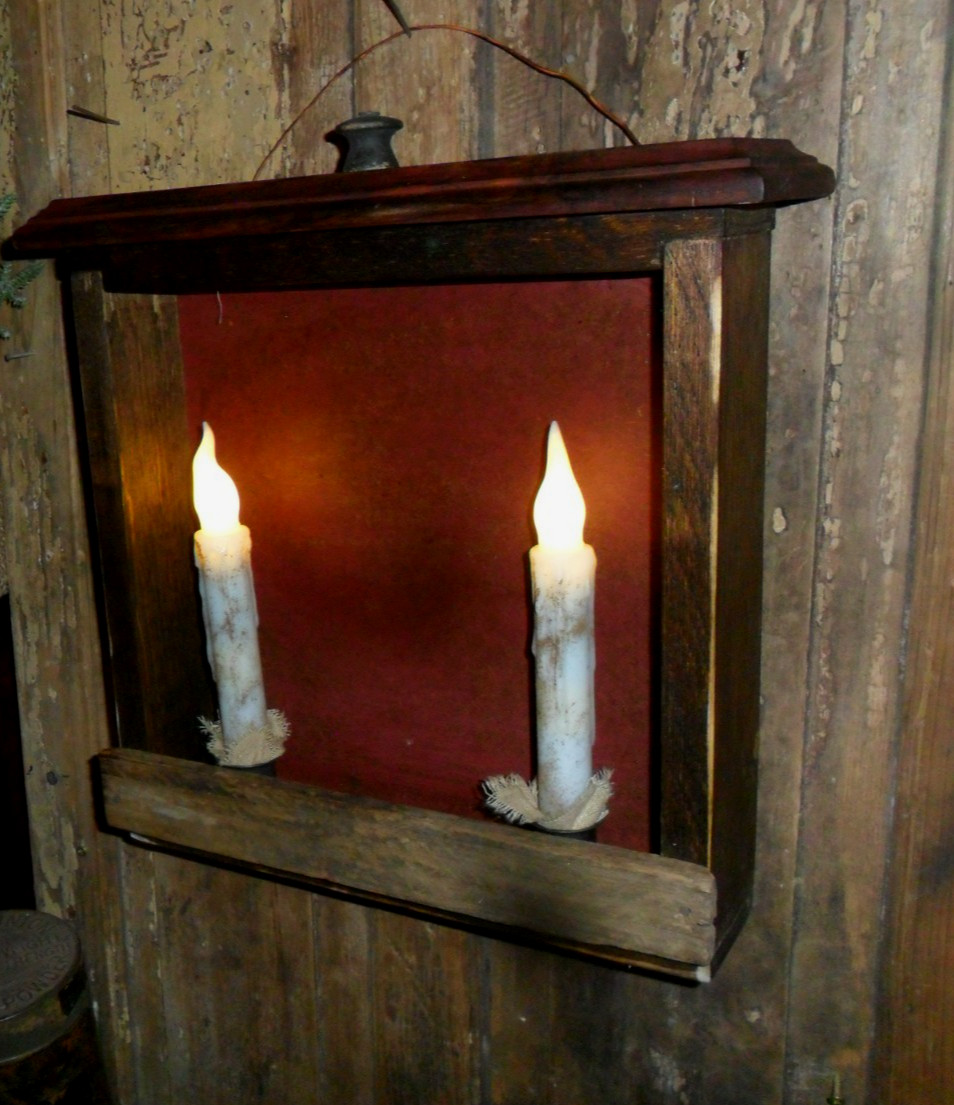 Primitive  Box Light - (2) Grungy Candles  - Make Do Wall Light