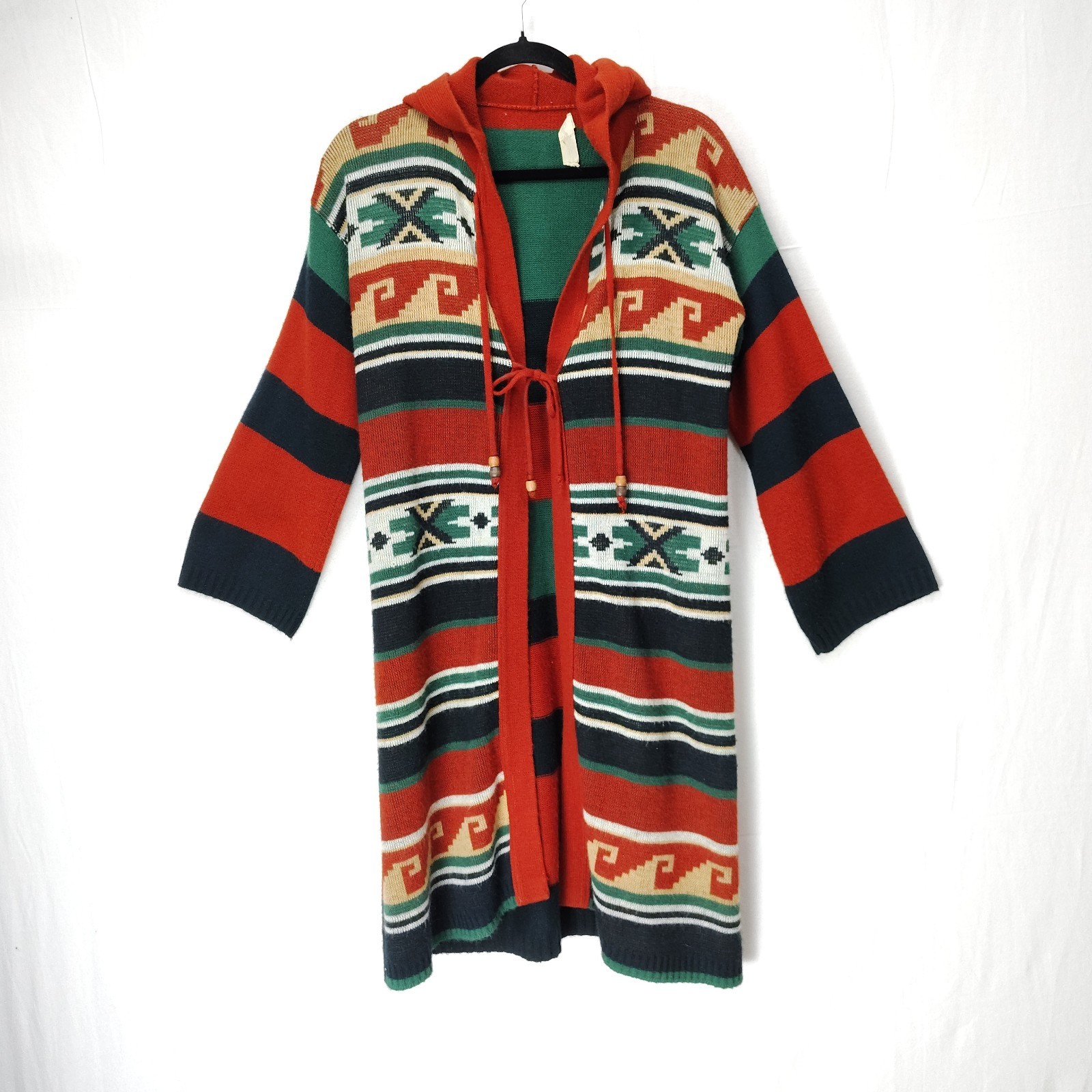 Vtg 70s Aztec Cardigan Duster Womens M 70s Rustic Western Winter Boho Hooded Tie