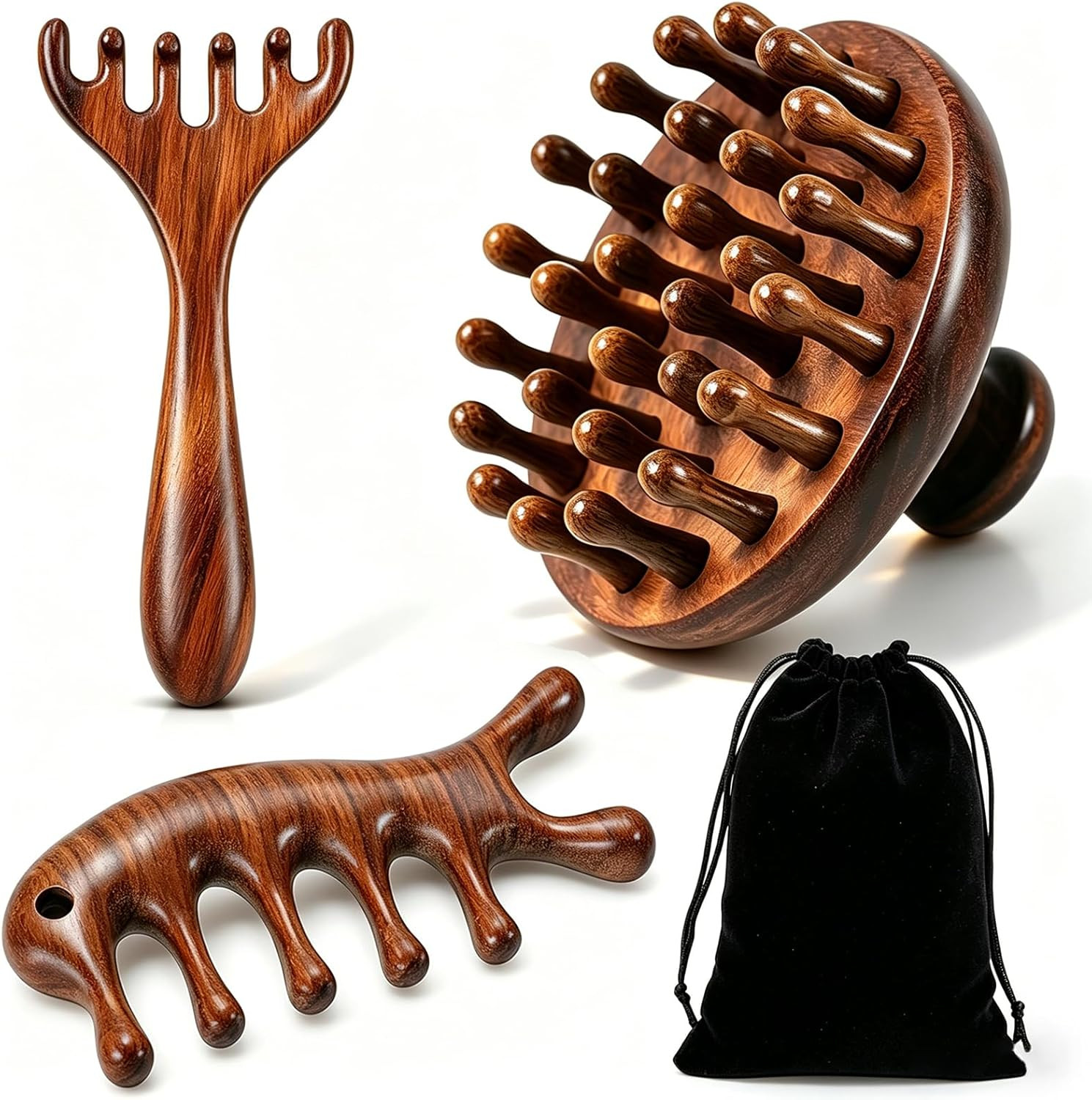 3 Pcs Wooden Head Scalp Massager Comb, Sandalwood Scalp Massager for Hair