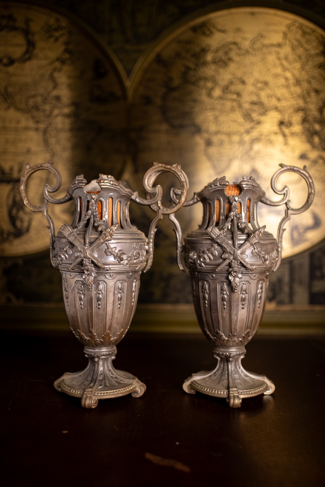 Antique Pair French Spelter Garniture Urns Vases Ornate Neoclassical 11.5\