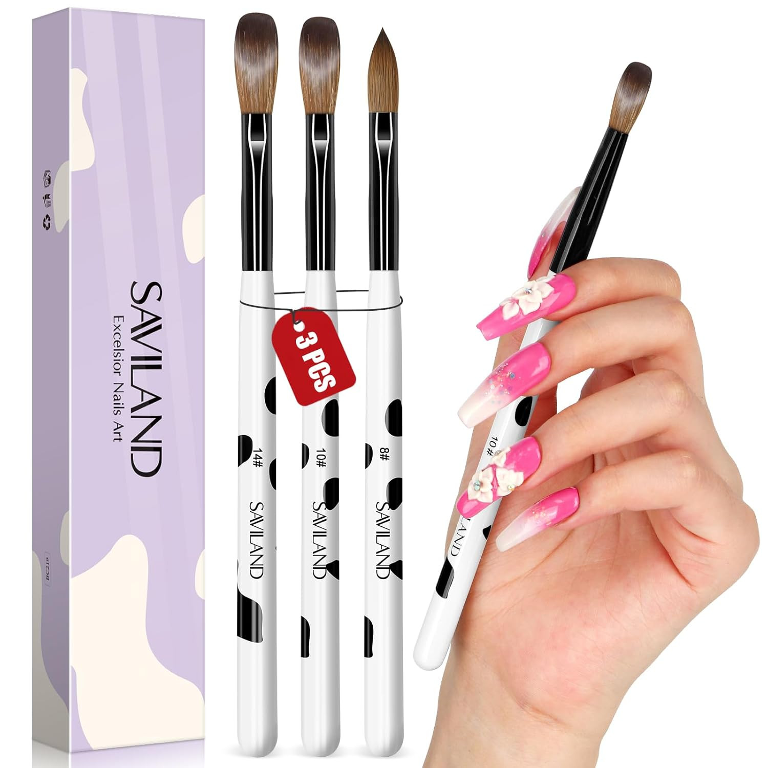 SAVILAND 3PCS Acrylic Nail Brush Set Size 8/10/14 Black & White SAVILAND 3PCS Acrylic Nail Brush Set Size 8/10/14 Black & White
