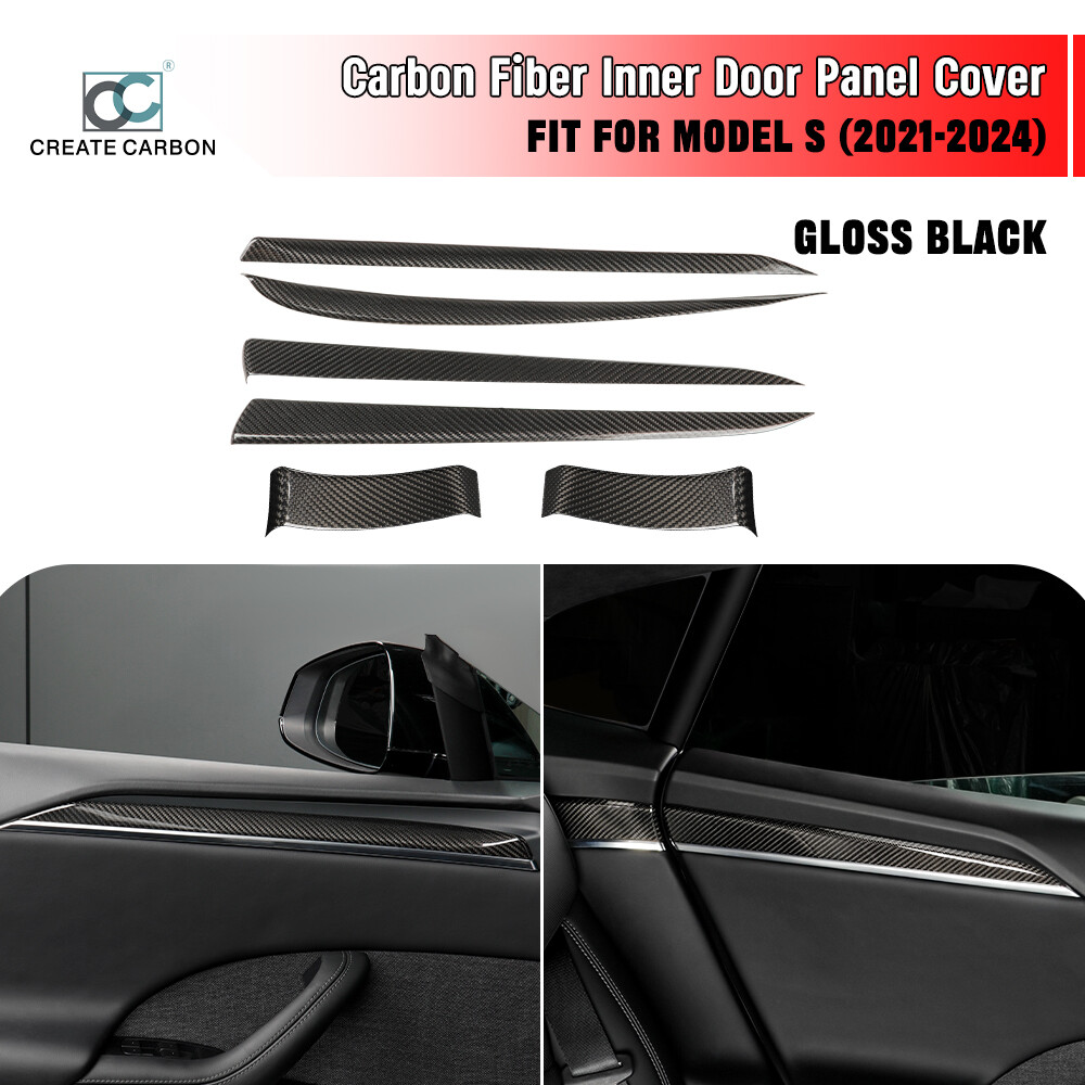 6pcs Dry Carbon Fiber Inner Door Panel Trim Cover Fit For Tesla Model S 2021+