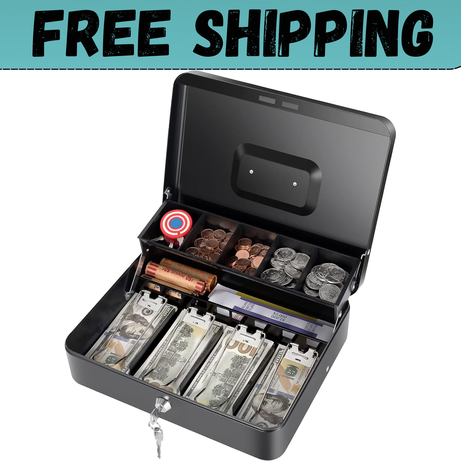 Cash Box with Money Tray and Key Lock, Saving Lock Box with Money Tray Storage f