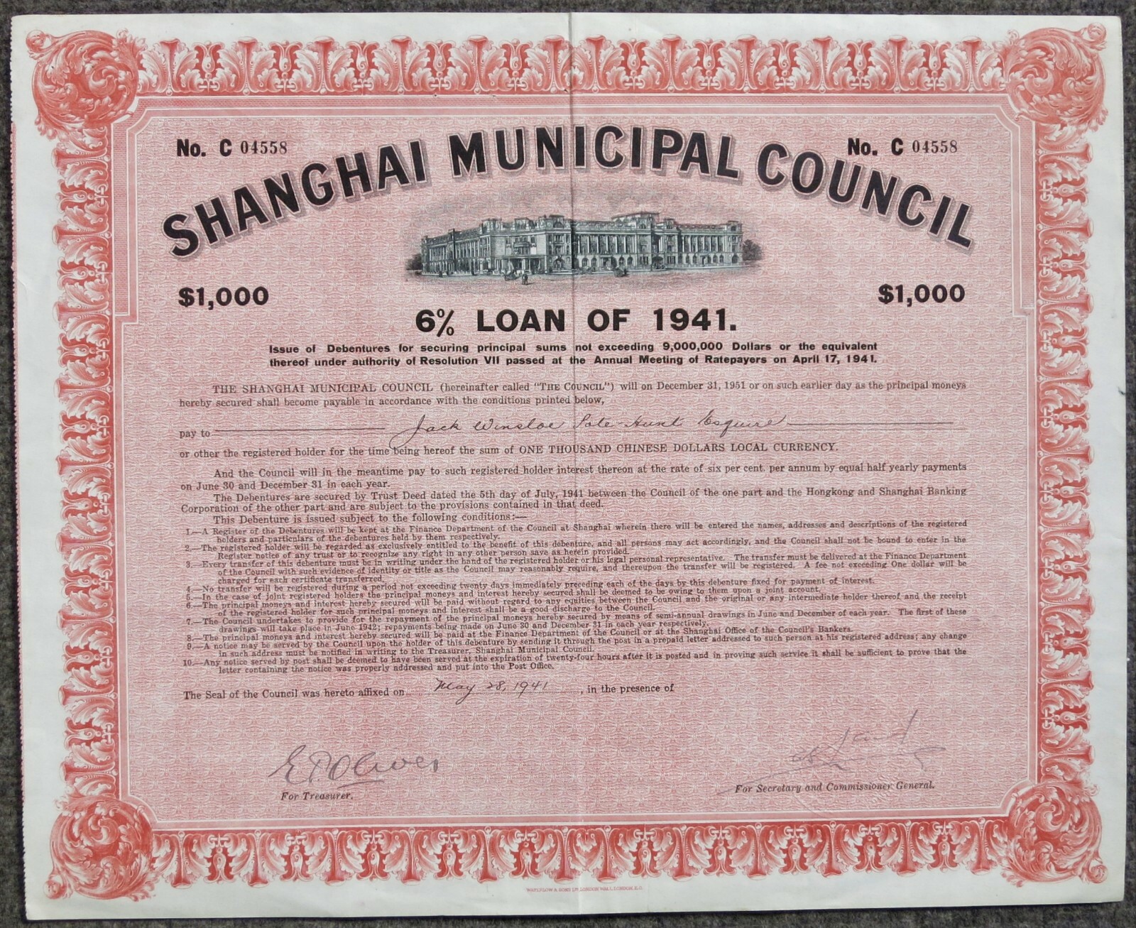 China Shanghai Municipal Council - 6% 1941 . Scarcer $1,000 Loan