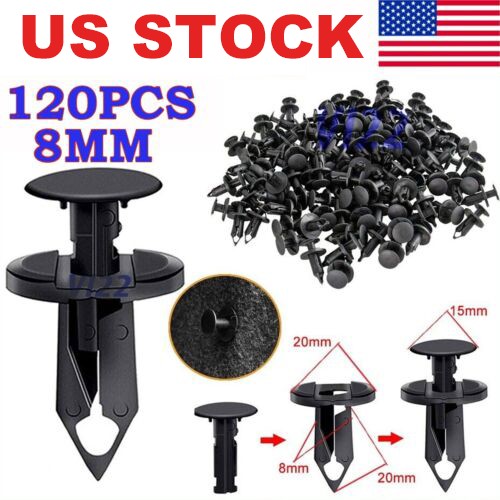 120PCS 8mm Bumper Clips Retainer Auto Car Plastic Rivets Fastener Fender Push
