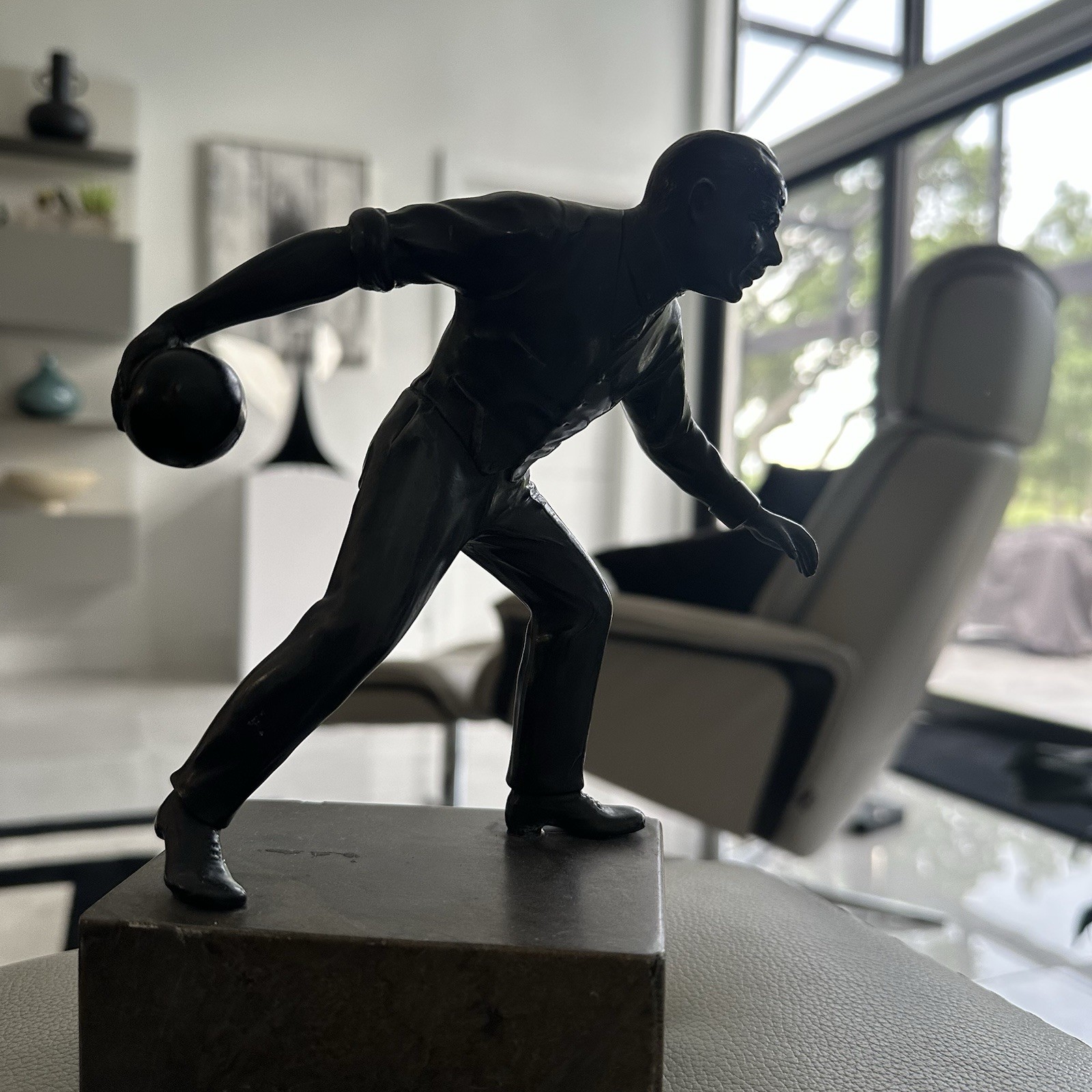 Vintage Bronze Bowler Bowling 🎳 Sculpture On Marble Base Overall 8\