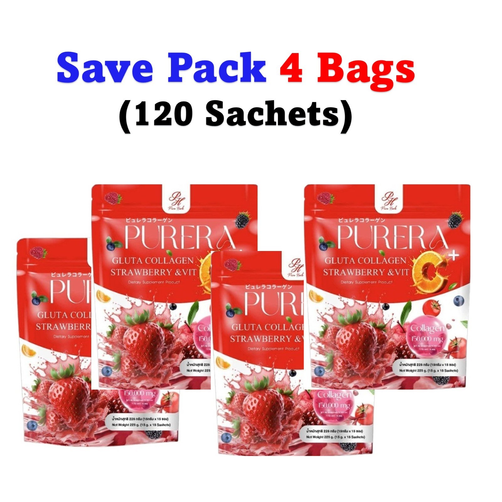 4X Purera Gluta Collagen Strawberry Vit C Dietary Powder Drink Nourish Skin