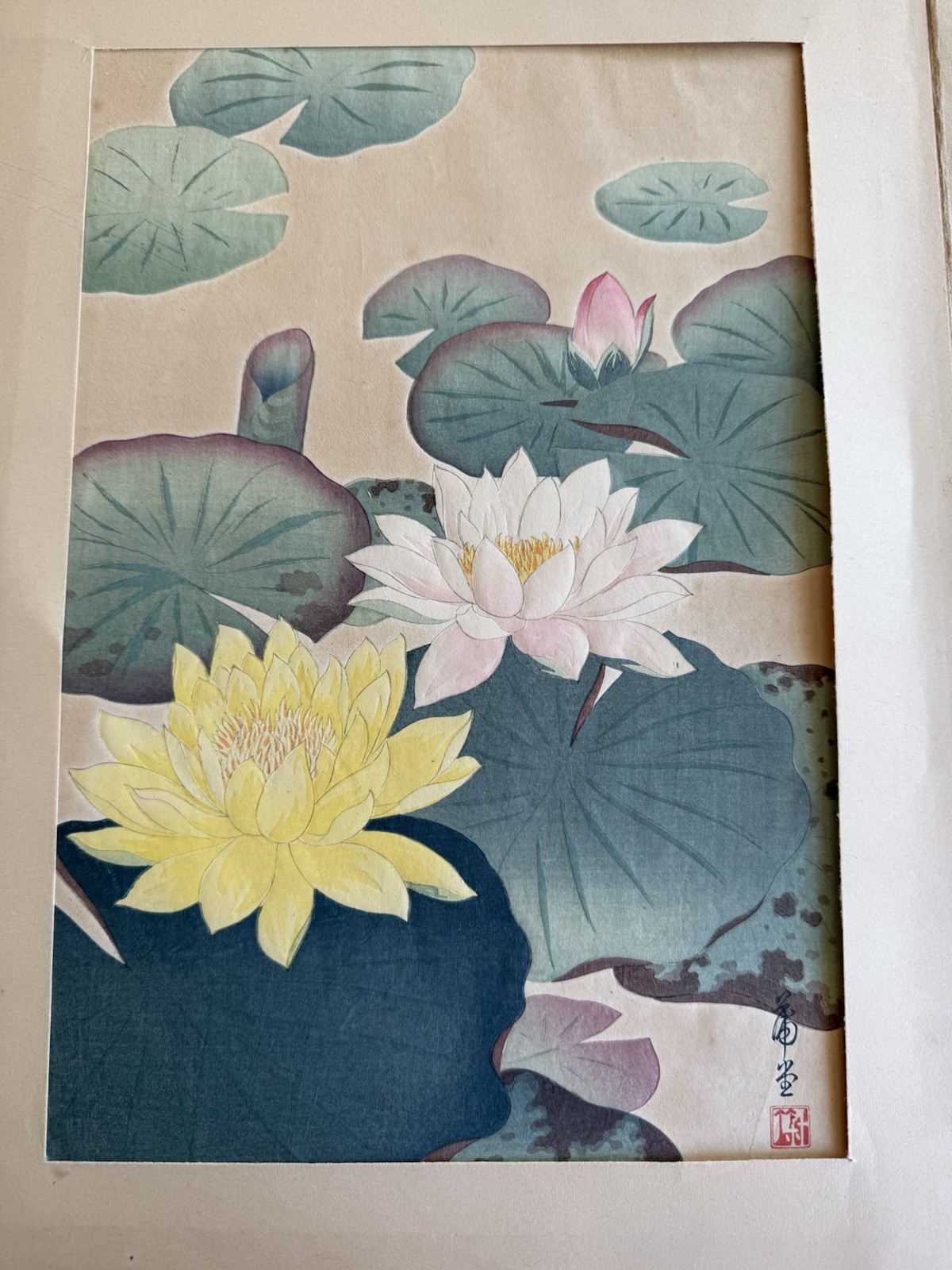 Vintage Hodo Nishimura  Water Lily’s Japanese Woodblock Print Circa  1930’s-40\'s