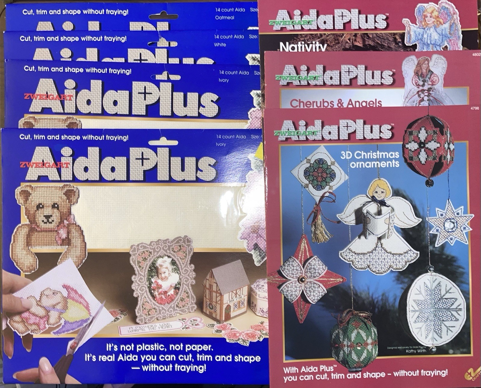 Vintage Zweigart Aida Plus 14ct Fabric & 3 Pattern Booklets Lot - Holiday 3D