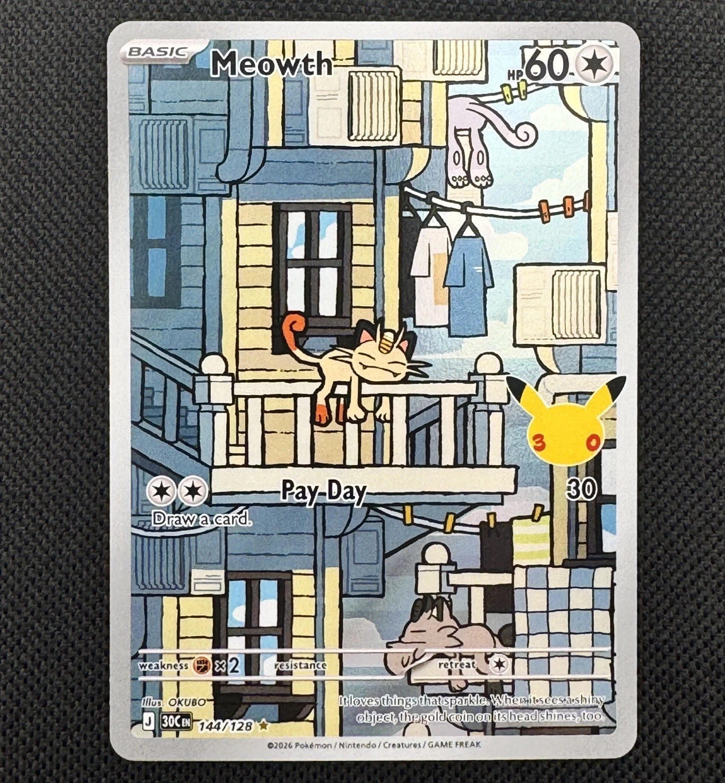 Pokemon TCG  Meowth 144/128 Illustration Rare IR 30th Celebration Anniversary NM