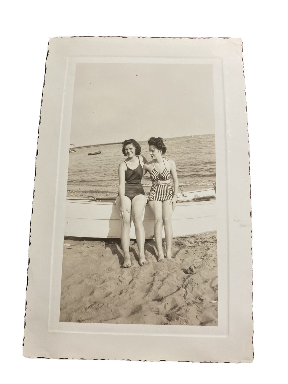 2 Smiling Women Feet Bathing Suits Sitting Boat 1942 1940s Vtg Snapshot Photo