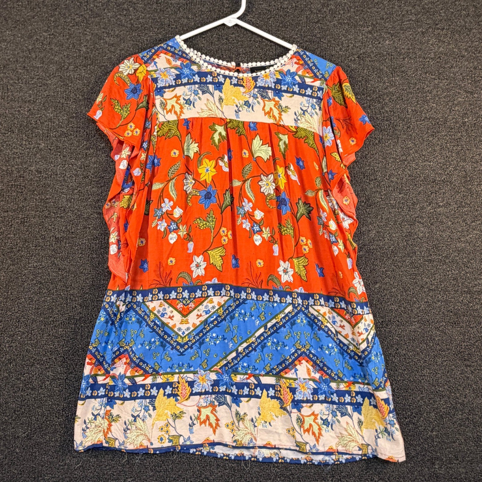 Suzanne Betro Signature Orange Blue Floral Tunic Top Lace Trim L U1501244