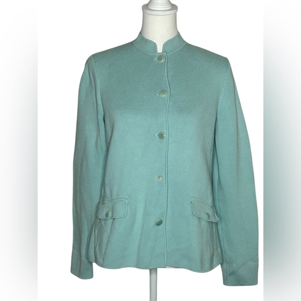 EUC Talbots Light Aqua Blue Cardigan Band collar flap pockets sz Med cottagecore